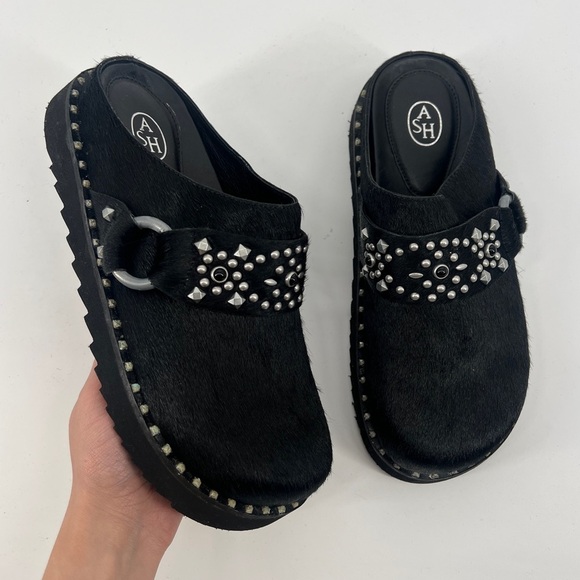 Ash Shoes - ASH Glen Flats Black Embellished Festival Calf Hair Platform Slip On Mules 40